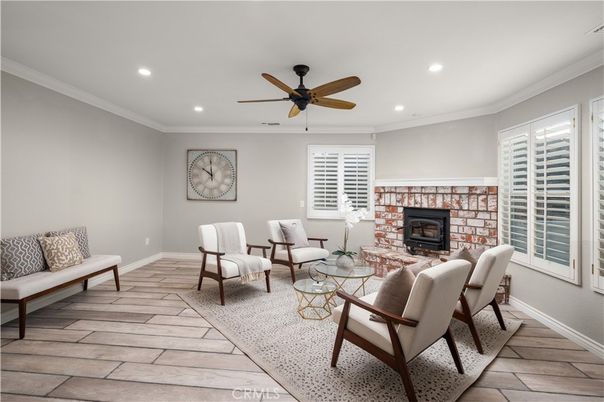 Fireplace, Interior, Living room, Recessed Lighting, Wood Texture Flooring