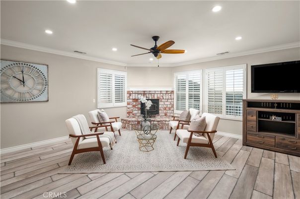 Fireplace, Interior, Living room, Recessed Lighting, Wood Texture Flooring