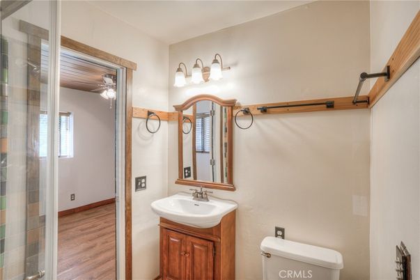 Bathroom, Glass Shower, Interior, Wood Texture Flooring