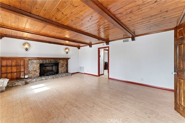 Empty room, Fireplace, Interior, Wooden Beams, Wooden Ceilings, Wood Texture Flooring