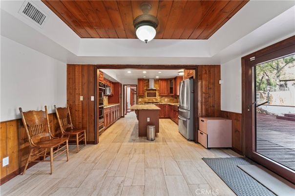 Interior, Kitchen, Recessed Lighting, Stainless Steel Appliances, Wooden Ceilings, Wood Texture Flooring, Wooden Walls