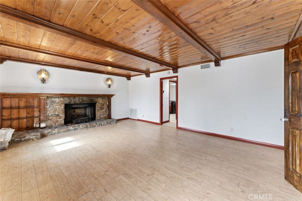 Empty room, Fireplace, Interior, Wooden Beams, Wooden Ceilings, Wood Texture Flooring