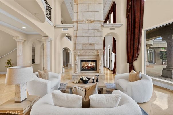 Fireplace, Interior, Living room, Recessed Lighting, Stone Walls