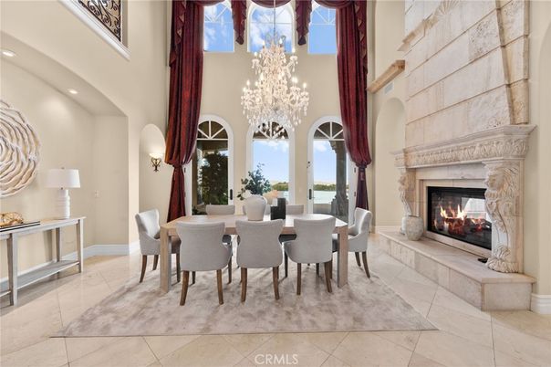 Chandelier, Dining room, Fireplace, Interior, Recessed Lighting