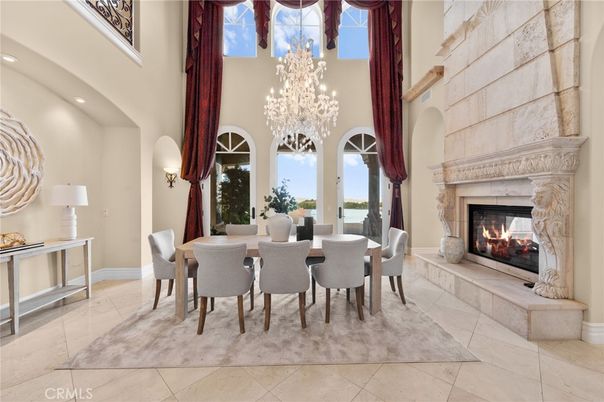 Chandelier, Dining room, Fireplace, Interior, Recessed Lighting