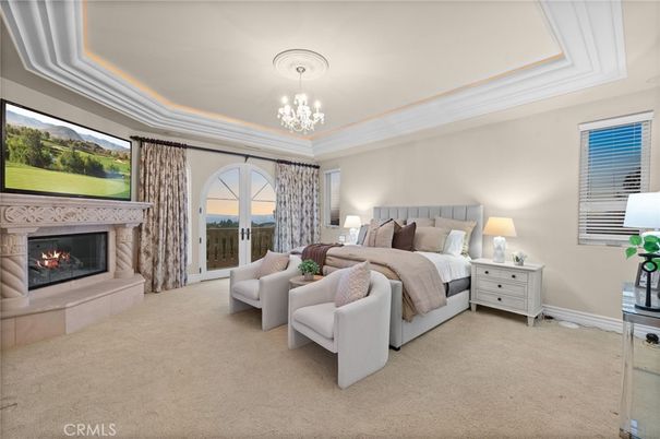 Bedroom, Chandelier, Fireplace, Interior