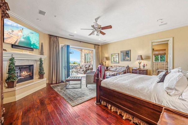 Bedroom, Fireplace, Interior, Recessed Lighting, Wood Texture Flooring