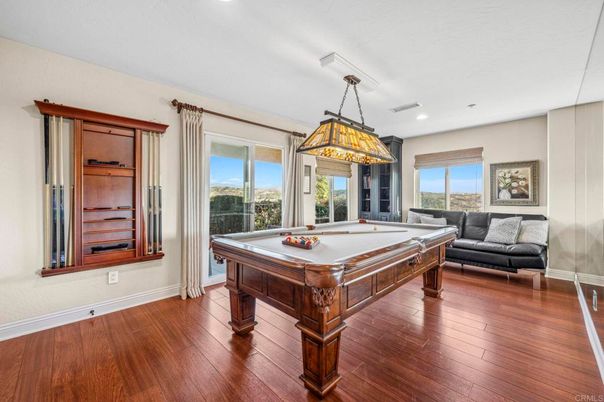 Billiard Table, Game Room, Interior, Pendant Lights, Recessed Lighting, Wood Texture Flooring