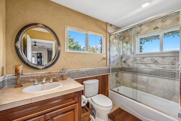 Bathroom, Glass Shower, Interior, Recessed Lighting, Tile Countertops