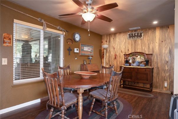 Dining room, Interior, Recessed Lighting, Wood Texture Flooring, Wooden Walls