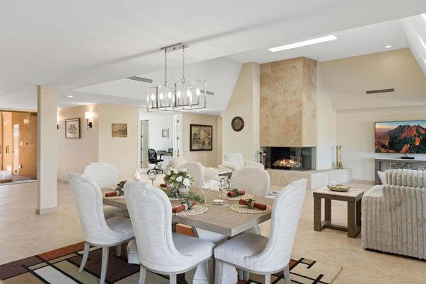 Dining room, Fireplace, Interior, Living room, Pendant Lights, Recessed Lighting
