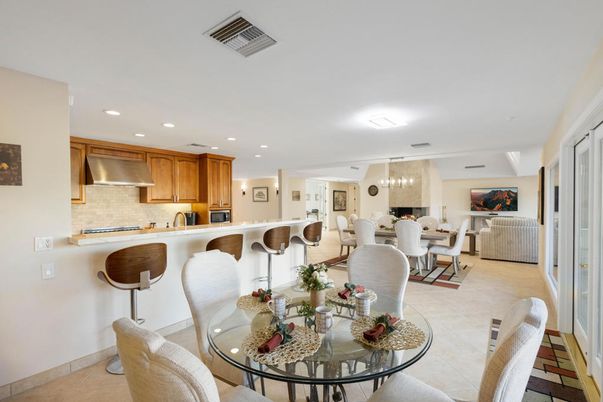 Chandelier, Dining room, Interior, Kitchen, Living room, Recessed Lighting, Stainless Steel Appliances