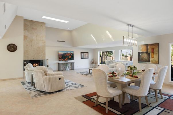 Dining room, Fireplace, Interior, Living room, Pendant Lights, Recessed Lighting