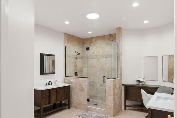 Bathroom, Dual Sink Vanities, Glass Shower, Interior, Recessed Lighting, Wood Texture Flooring
