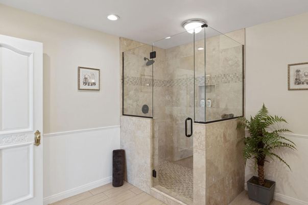 Bathroom, Glass Shower, Interior, Recessed Lighting, Wood Texture Flooring