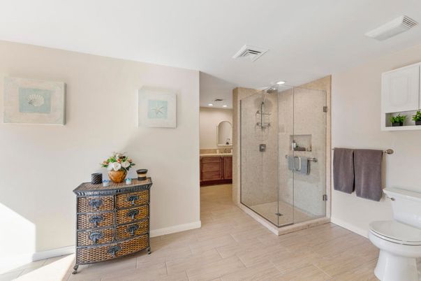 Bathroom, Glass Shower, Interior, Recessed Lighting, Wood Texture Flooring