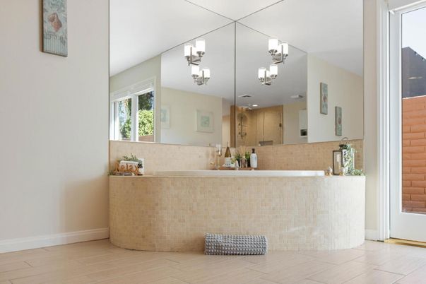 Bathroom, Chandelier, Interior, Wood Texture Flooring