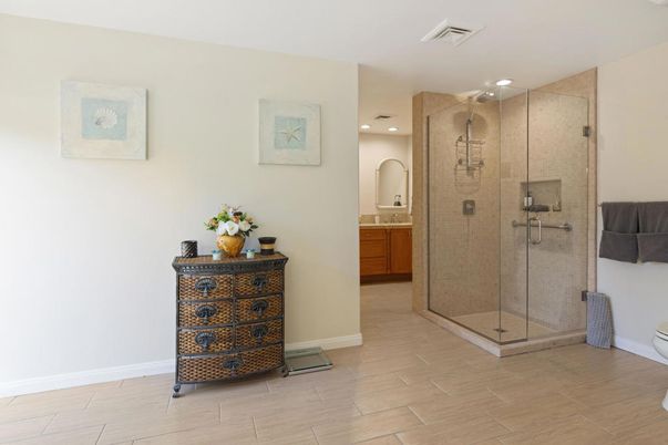 Bathroom, Glass Shower, Interior, Recessed Lighting, Wood Texture Flooring