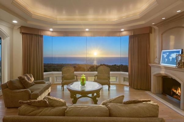 Fireplace, Interior, Living room, Recessed Lighting, Water, Wood Texture Flooring