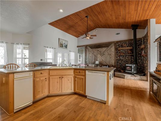 Fireplace, Interior, Kitchen, Recessed Lighting, Stone Walls, Wooden Ceilings, Wood Texture Flooring