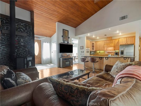 Fireplace, Interior, Kitchen, Living room, Recessed Lighting, Wooden Ceilings, Wood Texture Flooring