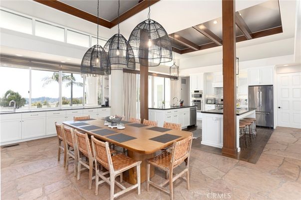 Dining room, Interior, Kitchen, Pendant Lights, Recessed Lighting, Stainless Steel Appliances, Wooden Beams