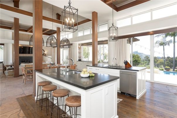 Fireplace, Interior, Kitchen, Pendant Lights, Stainless Steel Appliances, Wood Texture Flooring