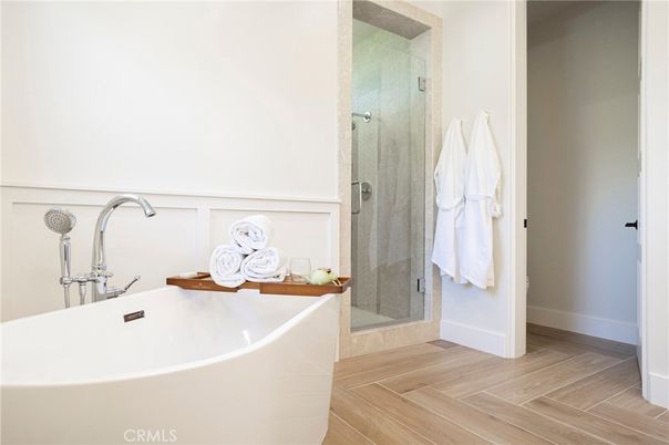 Bathroom, Glass Shower, Interior, Wood Texture Flooring