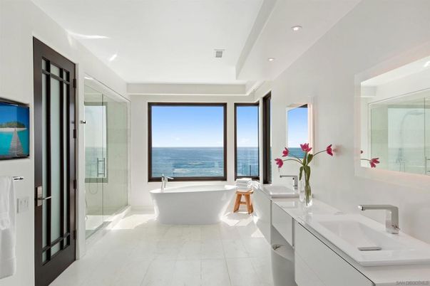 Bathroom, Dual Sink Vanities, Free Standing Baths, Glass Shower, Interior, Marble, Recessed Lighting, Water