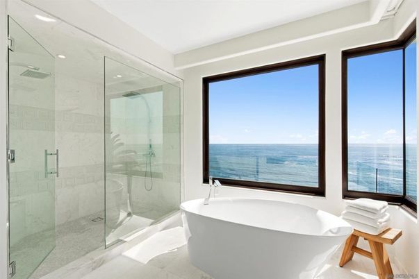 Bathroom, Free Standing Baths, Glass Shower, Interior, Marble, Marble Walls, Recessed Lighting, Water