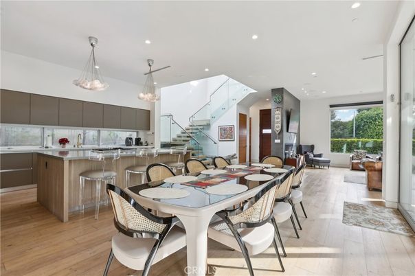 Dining room, Interior, Kitchen, Living room, Pendant Lights, Recessed Lighting, Stainless Steel Appliances, Wood Texture Flooring