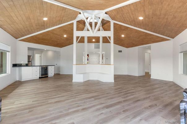 Empty room, Interior, Kitchen, Recessed Lighting, Wooden Ceilings, Wood Texture Flooring
