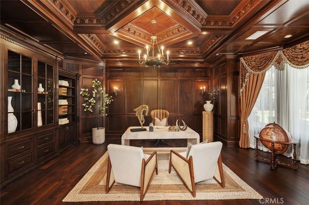 Chandelier, Home Office, Interior, Recessed Lighting, Wooden Beams, Wooden Ceilings, Wood Texture Flooring, Wooden Walls