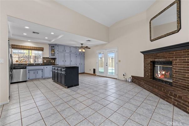Fireplace, Interior, Kitchen, Recessed Lighting, Stone Walls
