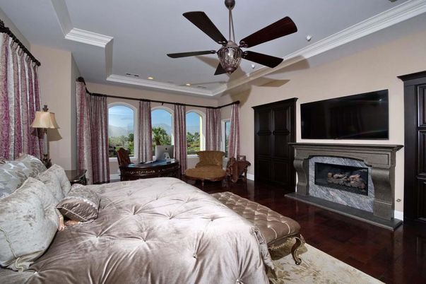 Bedroom, Fireplace, Interior, Recessed Lighting, Wood Texture Flooring