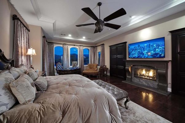 Bedroom, Fireplace, Interior, Recessed Lighting, Wood Texture Flooring