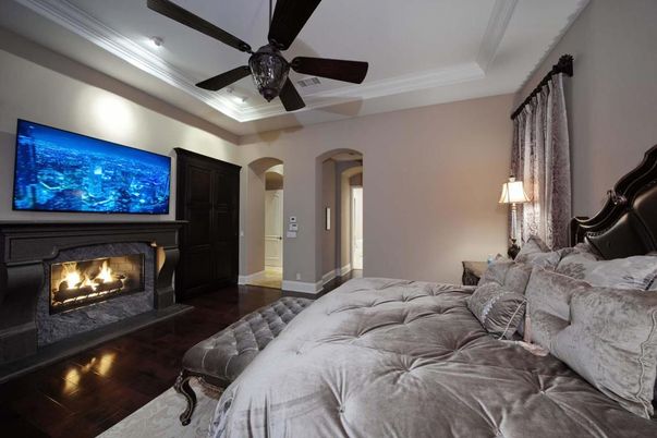 Bedroom, Fireplace, Interior, Wood Texture Flooring