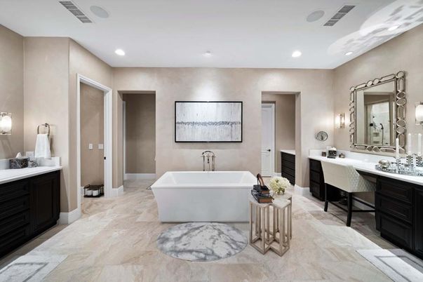 Bathroom, Dual Sink Vanities, Free Standing Baths, Interior, Marble, Recessed Lighting