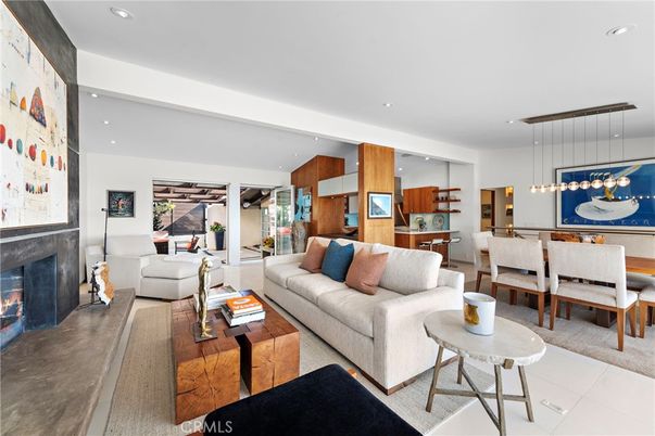 Dining room, Fireplace, Interior, Kitchen, Living room, Pendant Lights, Recessed Lighting