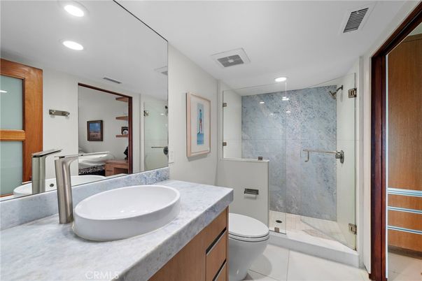 Bathroom, Glass Shower, Interior, Marble Walls, Recessed Lighting