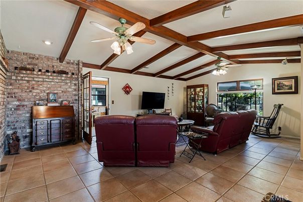 Interior, Living room, Recessed Lighting, Stone Walls, Wooden Beams