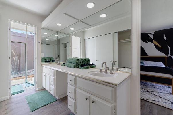 Bathroom, Dual Sink Vanities, Interior, Recessed Lighting, Wood Texture Flooring