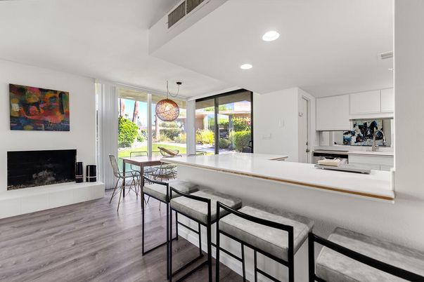 Dining room, Fireplace, Interior, Kitchen, Pendant Lights, Recessed Lighting, Wood Texture Flooring