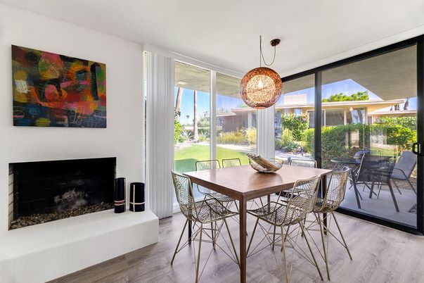 Dining room, Fireplace, Interior, Pendant Lights, Wood Texture Flooring