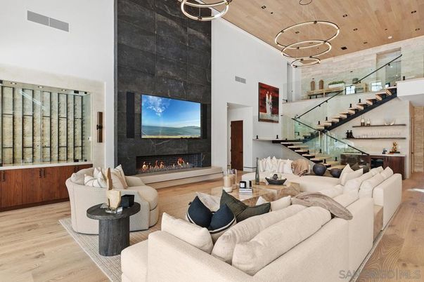 Fireplace, Interior, Living room, Pendant Lights, Recessed Lighting, Wooden Ceilings, Wood Texture Flooring