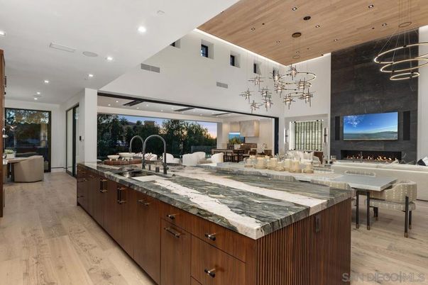 Fireplace, Interior, Kitchen, Living room, Pendant Lights, Recessed Lighting, Wooden Ceilings, Wood Texture Flooring