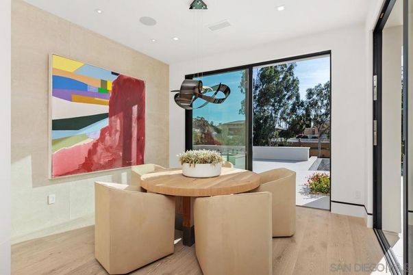 Dining room, Interior, Pendant Lights, Recessed Lighting, Wood Texture Flooring