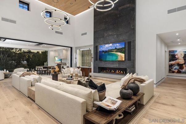 Dining room, Fireplace, Interior, Living room, Pendant Lights, Recessed Lighting, Wooden Ceilings, Wood Texture Flooring