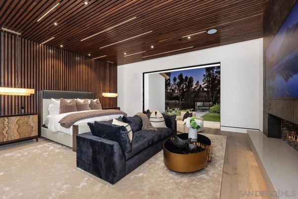 Bedroom, Fireplace, Interior, Recessed Lighting, Wooden Ceilings, Wood Texture Flooring