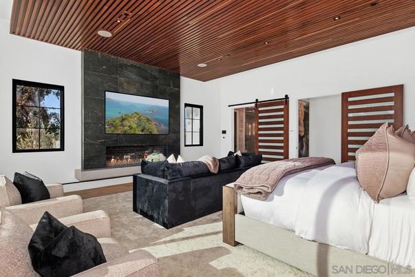 Bedroom, Fireplace, Interior, Recessed Lighting, Wooden Ceilings